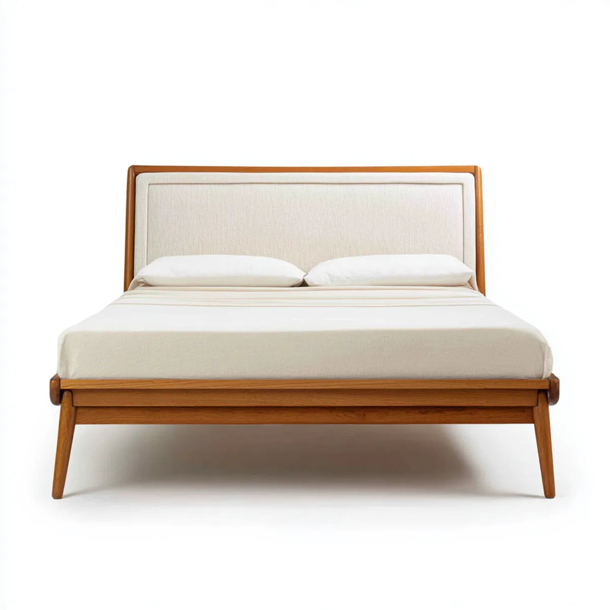 Doppelbett 180 x 200 cm Braun Beige mit Massivholzrahmen und gepolstertem rechteckigem Kopfteil